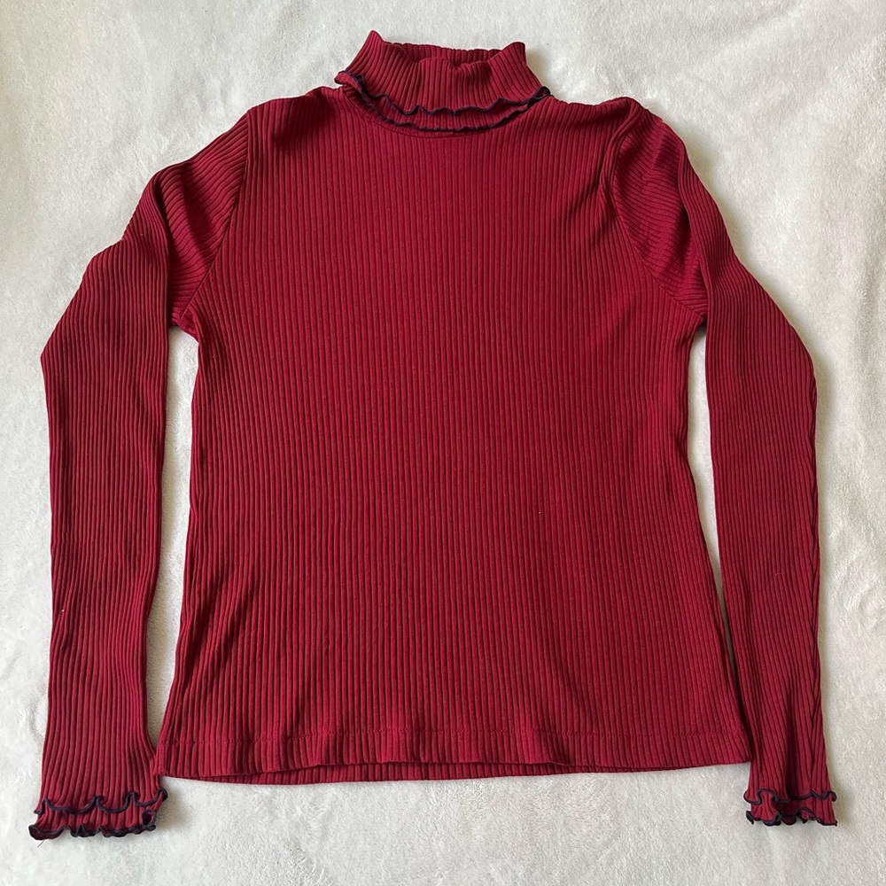 J. Crew Deep Red Ribbed Turtleneck with Navy Edges
